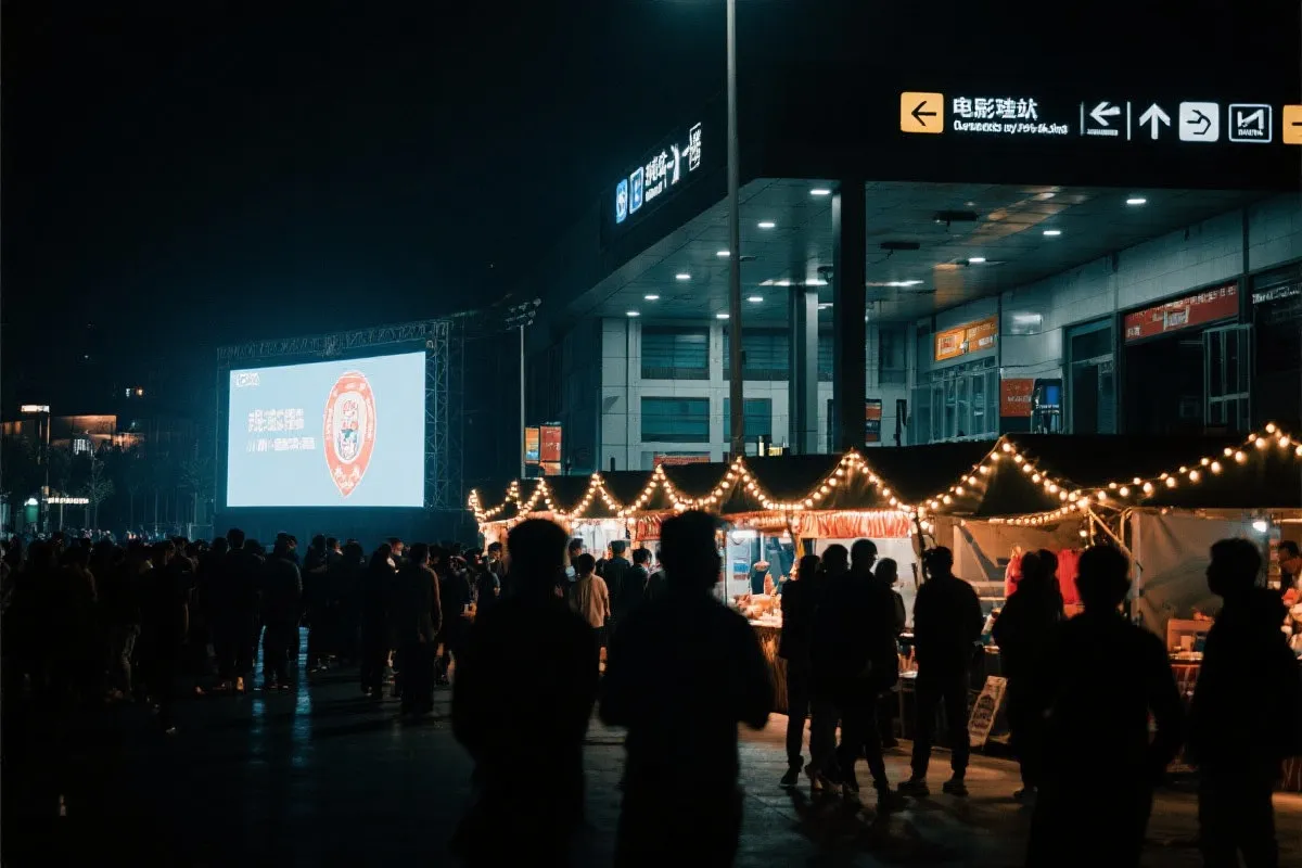 费城球迷广场夜景：大屏观赛人群、步行指示牌与公共交通入口